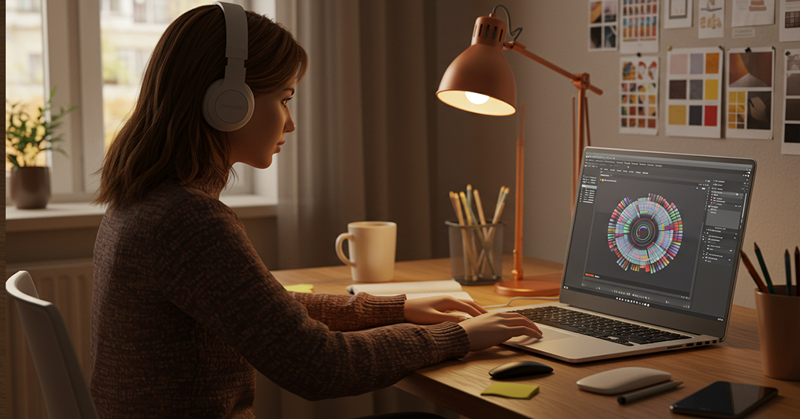 evde-online-grafik-tasarim-kursu-izleyen-kulaklikli-genc-kadin-adobe-photoshop-ekrani-acik-sekilde-derse-odaklanmis Grafik Tasarım Öğrenmeye Nereden Başlamalıyım