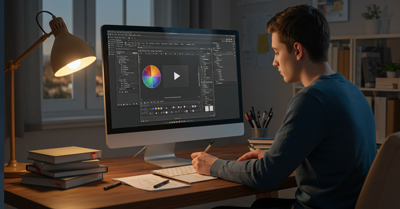 grafik-tasarim-egitimi-videosunu-bilgisayar-ekranindan-izleyen-erkek-ogrenci-deftere-not-aliyor-adobe-illustrator-arayuzu-acik Grafik Tasarım Öğrenmeye Nereden Başlamalıyım
