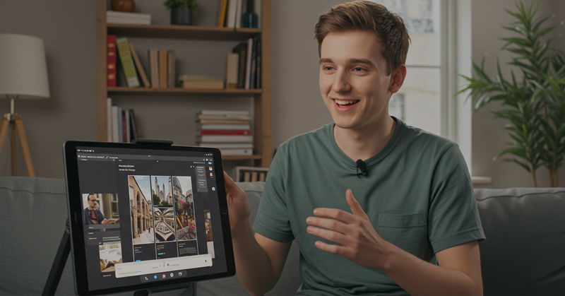 grafik-tasarim-kursunu-tamamlayan-genc-erkek-ogrenci-dijital-portfolyosunu-tablet-ekranindan-online-gorusmede-sunuyor Grafik Tasarım Öğrenmeye Nereden Başlamalıyım