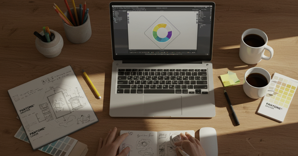 grafik-tasarim-ogrenmeye-yeni-baslayan-kisinin-calisma-masasinda-adobe-illustrator-acik-laptop-eskiz-defteri-ve-renk-paletleri-1-1024x536 Grafik Tasarım Öğrenmeye Nereden Başlamalıyım